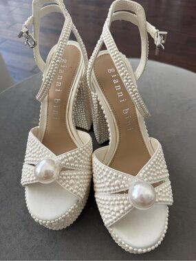 Gianni Bini Pearl-Embellished White Platform Heels